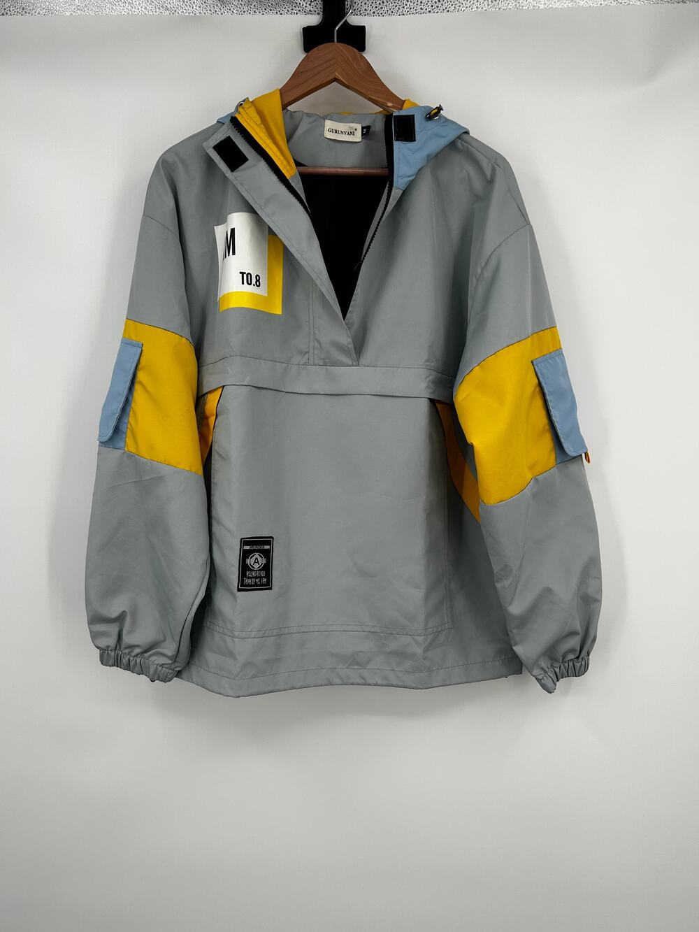GURUNVANI Color Block Anorak Windbreaker Hoodie Gray Yellow Blue Men Size M
